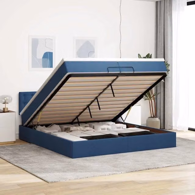 Letto con contenitore a sollevamento vidaXL in tessuto blu e bianco L 200 cm x P 200 cm x H 280 cm – 1