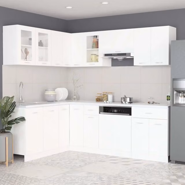Set di mobili da cucina e soggiorno moderno vidaXL in bianco con ante in vetro e legno, 11 pezzi