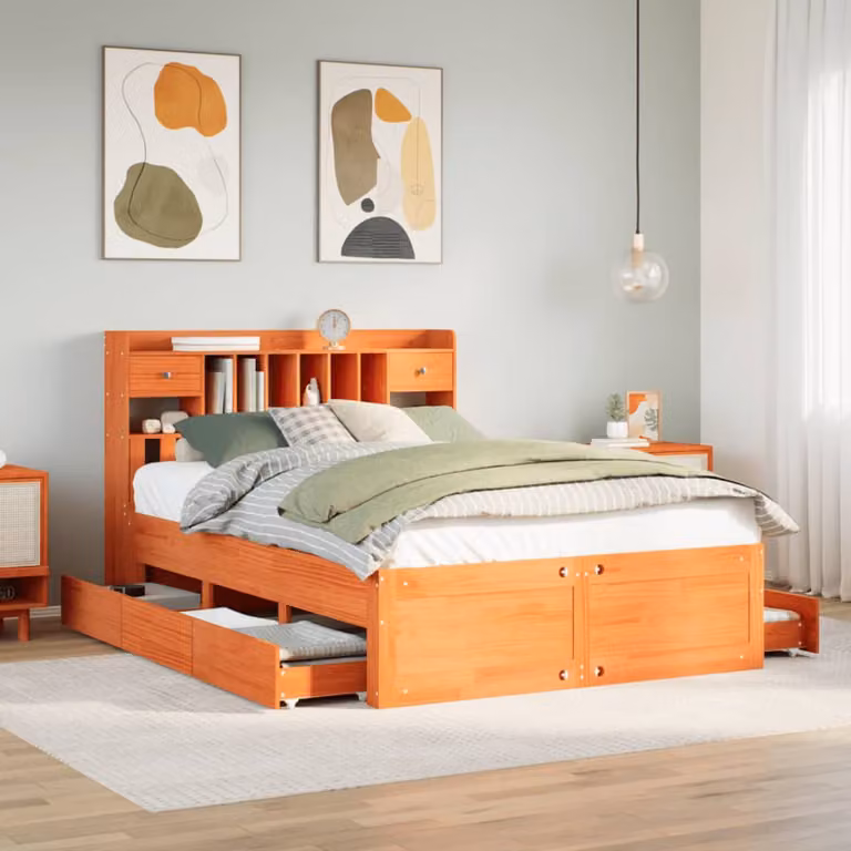 vidaXL Letto Libreria in Legno di Pino Marrone Cera con Scaffali e Cassetti L/P/H: 226.5 x 156.0 x 110.0 cm