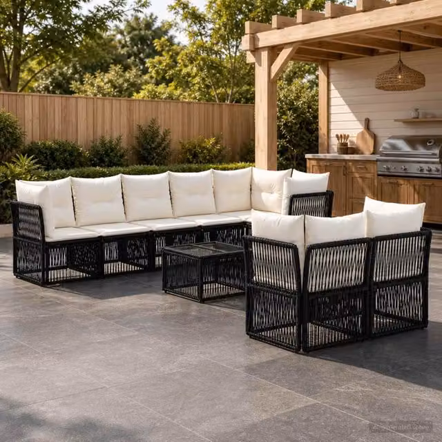 Set Divano da Giardino Moderno vidaXL a Forma a L con Tavolino e Cuscini Neri
