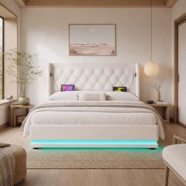 Letto matrimoniale imbottito 140x200 cm bianco in PU con contenitore idraulico, testiera con ricarica USB Tipo-C e illuminazione LED a 3 lati (senza materasso)