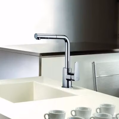 Rubinetto per cucina e lavanderia Paffoni Sly con doccetta estraibile in ottone color argento – 2