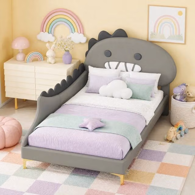Letto per bambini a forma di dinosauro cartoon 90x200 cm in PU e MDF; grigio
