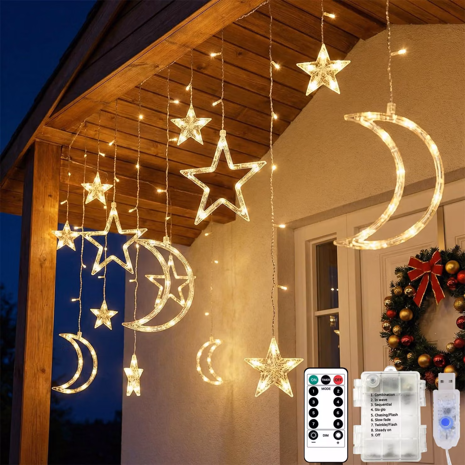 Catena luminosa da 3,5 metri, con 138 LED, motivo luna e stelle, timer e telecomando
