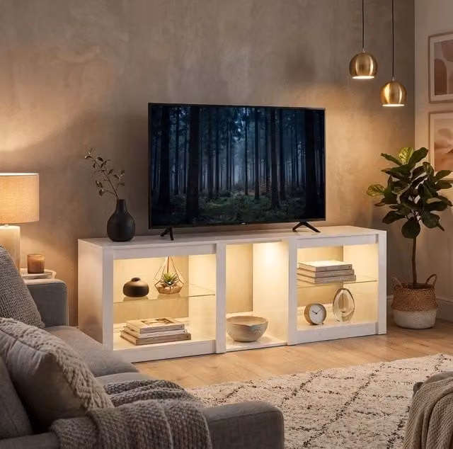Mobile TV 160x35x52 cm bianco in legno ingegnerizzato con ripiani in vetro regolabili