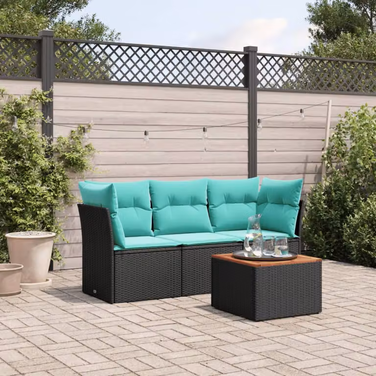 Set da giardino vidaXL in polyrattan nero composto da 4 pezzi con divano a 3 posti, elemento angolare, tavolino da esterno e cuscini imbottiti con rivestimenti rimovibili