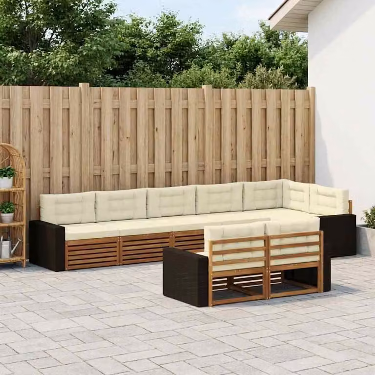 Set di divani da esterno vidaXL a forma di L composto da 8 pezzi in legno di acacia con cuscini beige e marrone