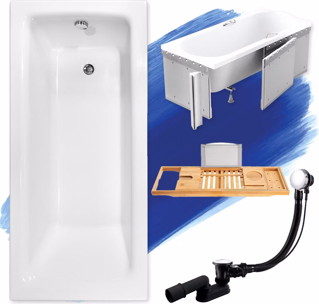 Vasca da bagno rettangolare 160x75 + rivestimento in polistirolo + ripiano in bambù, scarico e piedini GRATUITI | set completo 5in1 vasca da bagno originale in acrilico sifone | BADLAND TALIA