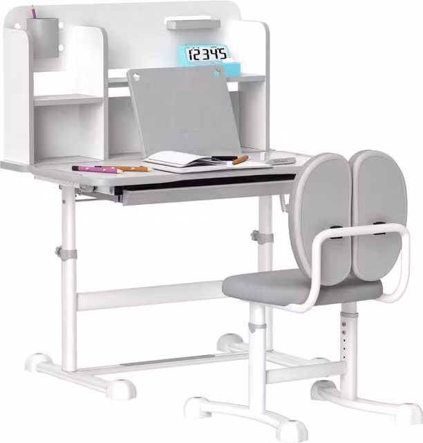 Set Scrivania e Sedia per Bambini DESIGN IN con Piano Inclinabile e Scaffale, Grigio