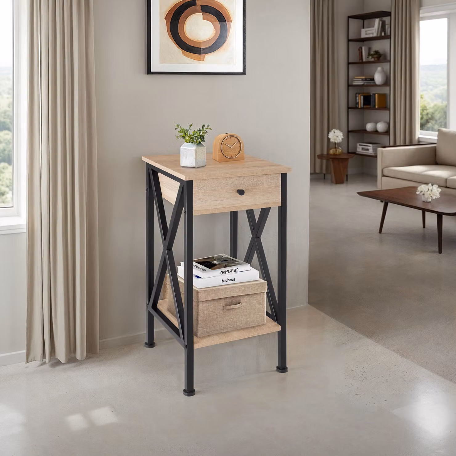 Tavolino Dayton Tectake in stile industriale con finitura rovere e colori beige e marrone, L/P/H: 35 x 35 x 70,5 cm – 2