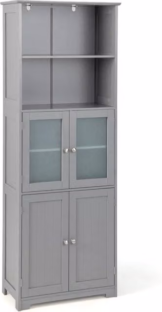 Costway Armadio da Bagno Moderno con Ante in Vetro e Ripiani Regolabili, Mobiletto Alto da Terra Grigio, L: 60 cm, P: 30 cm, H: 163 cm
