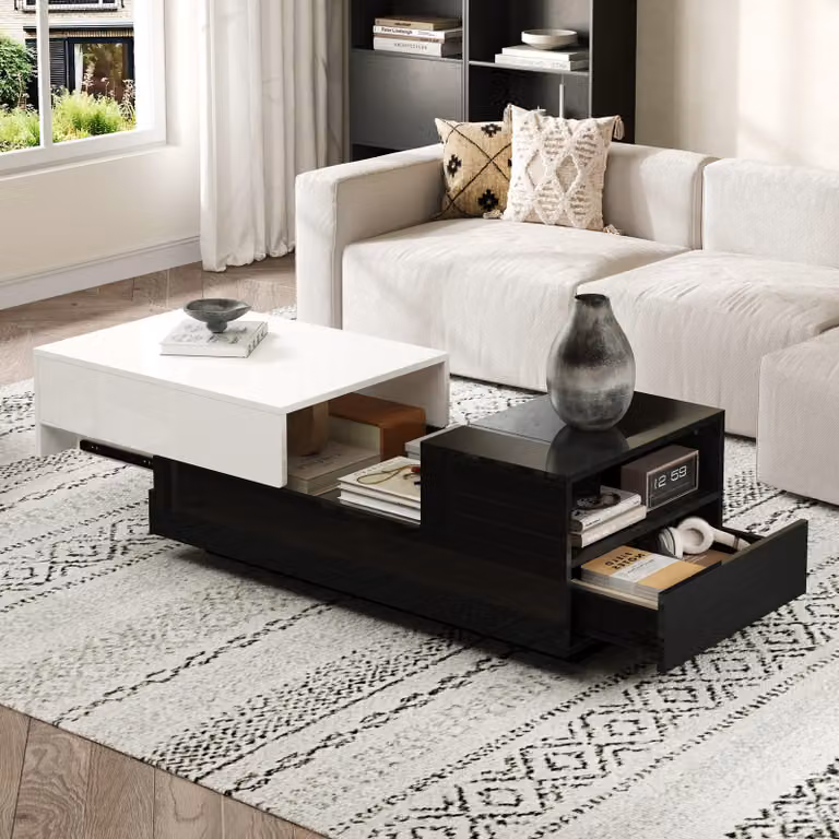 Tavolino Merax 100x50x38cm con 2 cassetti, tavolino con piano scorrevole, superficie lucida, contenitore per soggiorno, nero + bianco