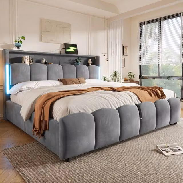 Letto matrimoniale 180 × 200 cm con LED, vano contenitore idraulico, USB e Type-C, senza materasso, velluto grigio