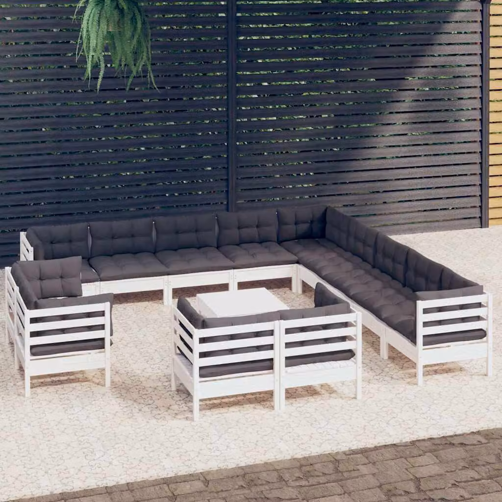 Set di divani da giardino vidaXL a forma di U composto da 14 pezzi in legno di pino con cuscini bianchi e antracite