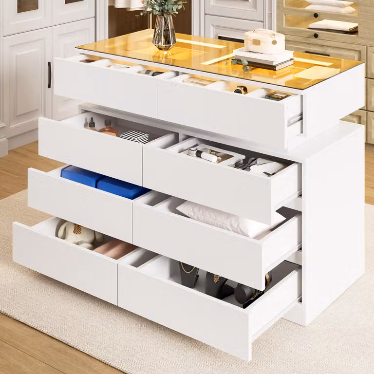 Credenza Merax, comò con vetro e illuminazione a LED, 8 cassetti, toletta o isola per spogliatoio, credenza da sala da pranzo, bianco