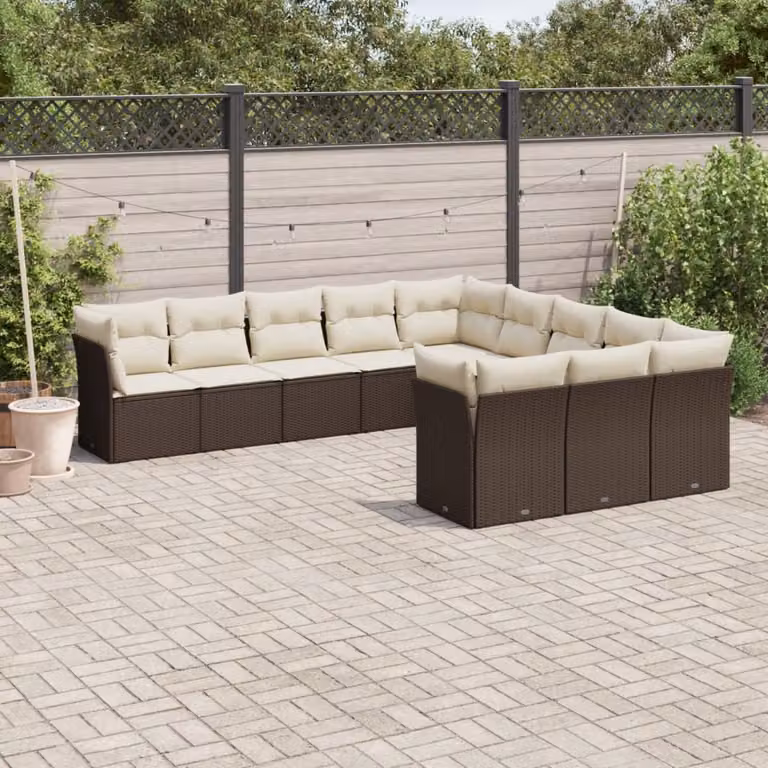 vidaXL Set Divani da Giardino a L 11 pz in Polyrattan Marrone e Bianco con Cuscini