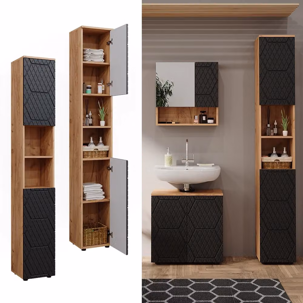 Mobiletto da bagno Vicco Irma Antracite con struttura a nido d'ape e ante a battente H: 192 cm, L: 30 cm, P: 30 cm – 2