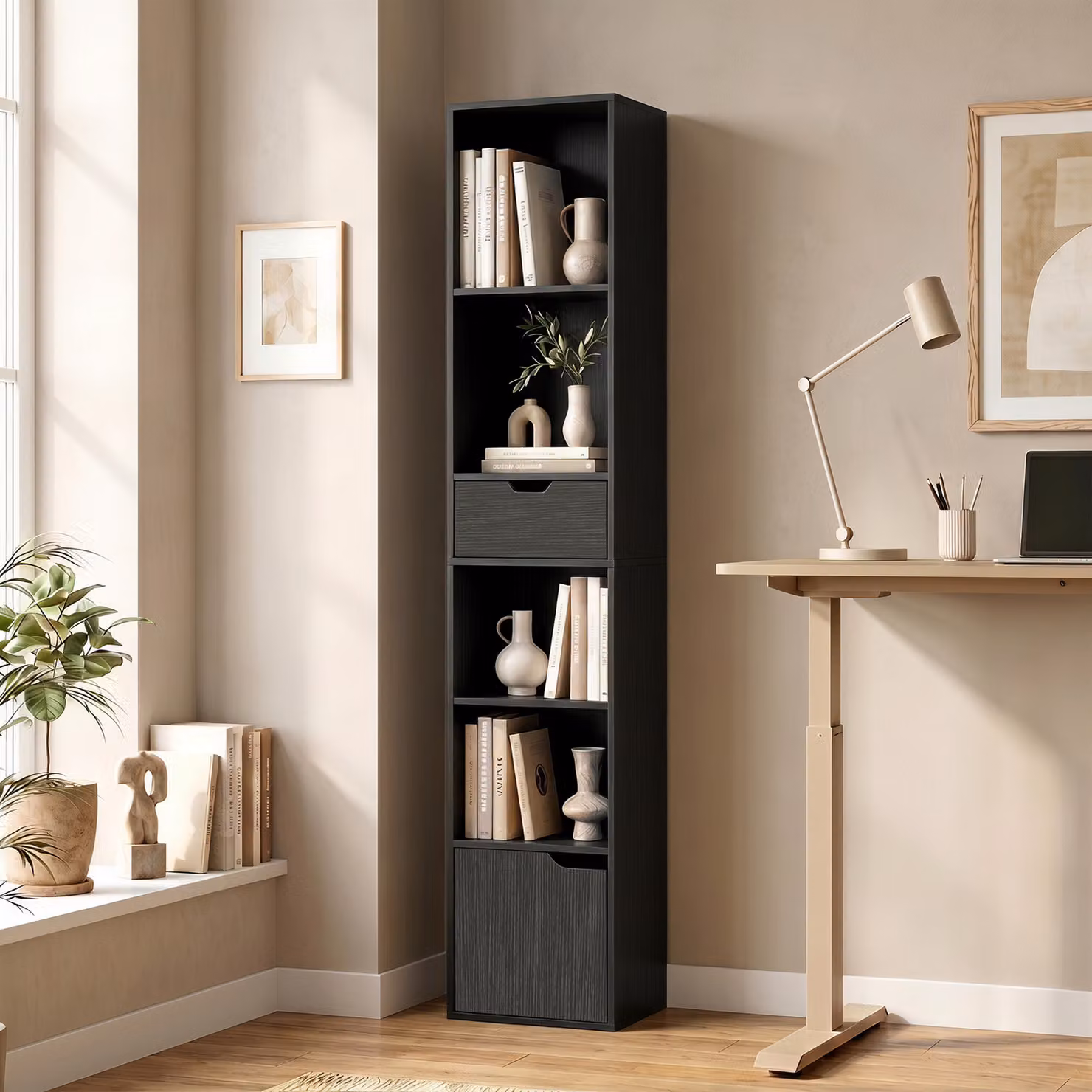 Libreria HOMCOM nera con 6 ripiani, cassetto e ripiani regolabili, L 30 cm x P 24 cm x H 158 cm – 2