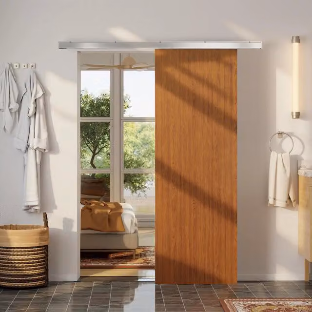 Porta Scorrevole Design In in Legno MDF Marrone e Argento con Binario in Lega di Alluminio, L: 75 cm, H: 210 cm