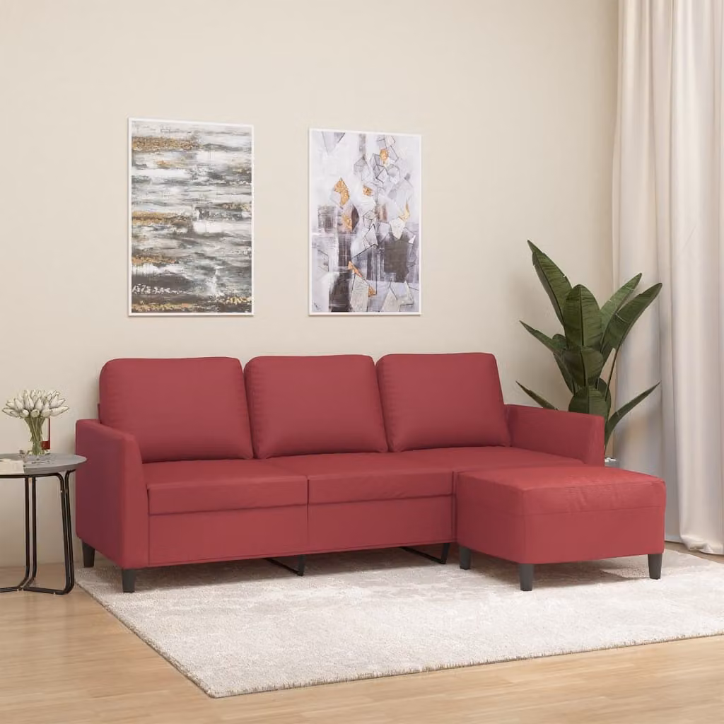 vidaXL Divano a 3 Posti con Poggiapiedi Rosso in Similpelle Moderno L: 200 cm, P: 80 cm, H: 77 cm