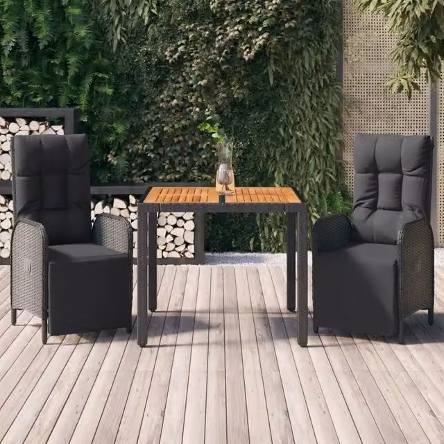 Set da Pranzo da Giardino 3 pz con Cuscini Nero in Polyrattan 3185074