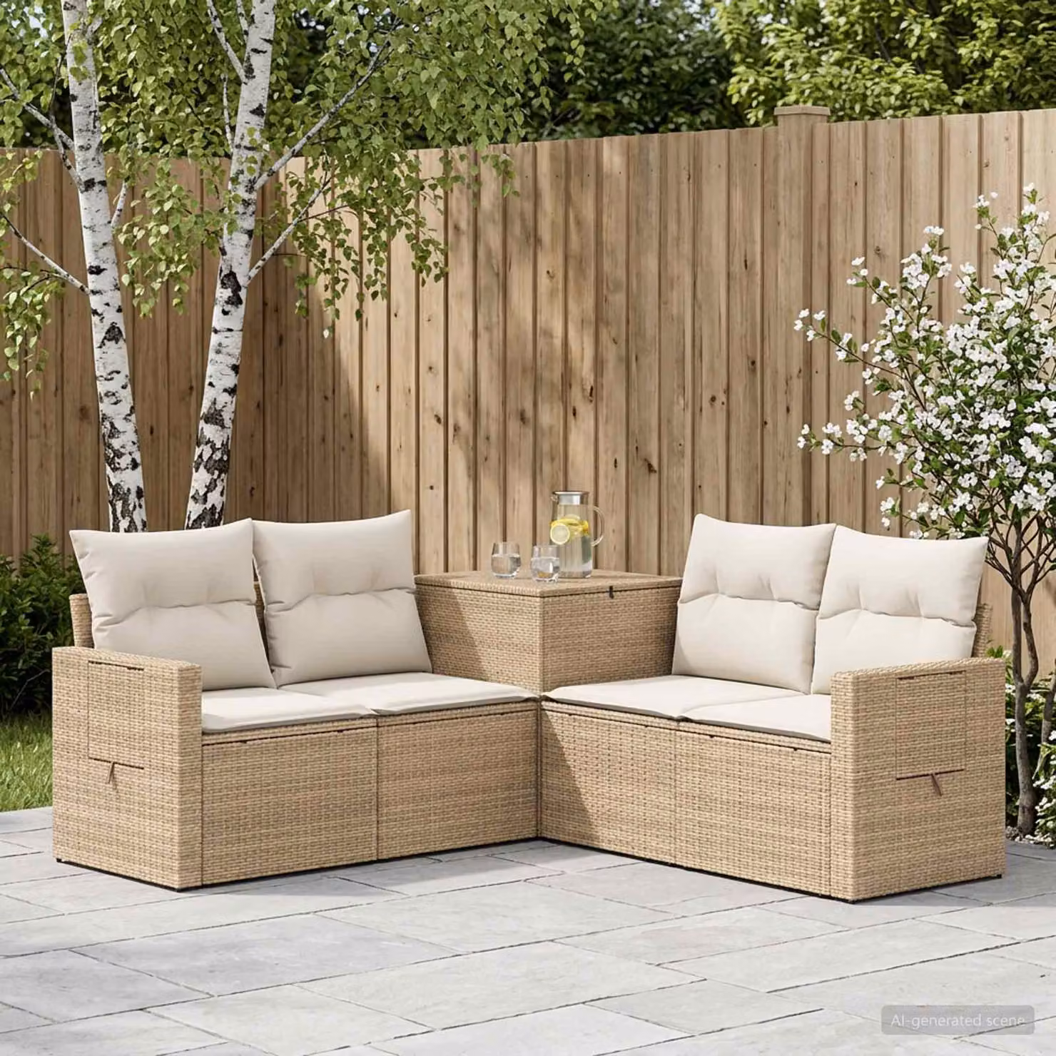 Set di divani da giardino vidaXL in polyrattan beige e bianco con cuscini inclusi e design a L moderno