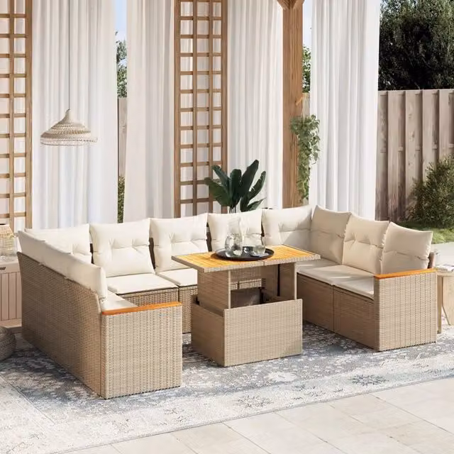 Set Divano da Giardino VIDAXL a Forma a U in Polyrattan con Cuscini Beige, 10 Pezzi – 1