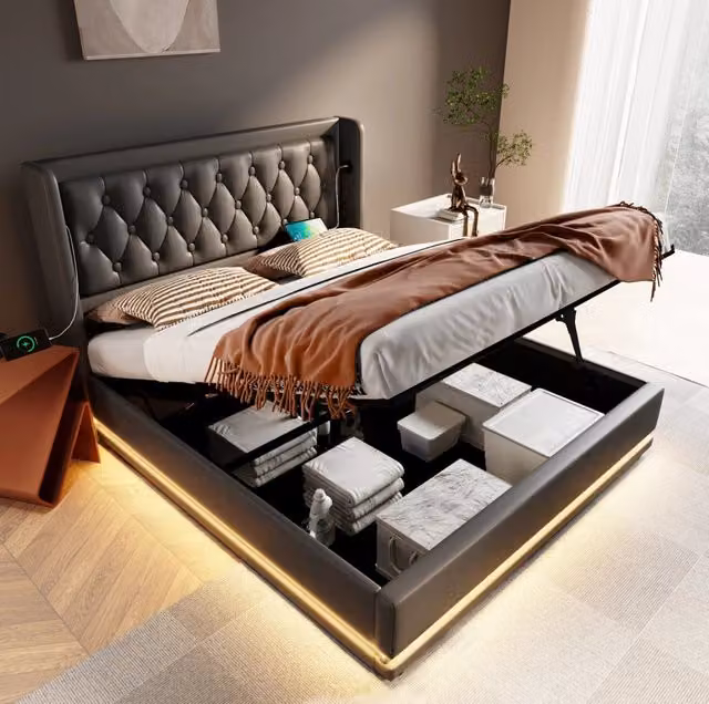 Letto imbottito 140x200 cm nero PU con contenitore idraulico, LED e USB-C