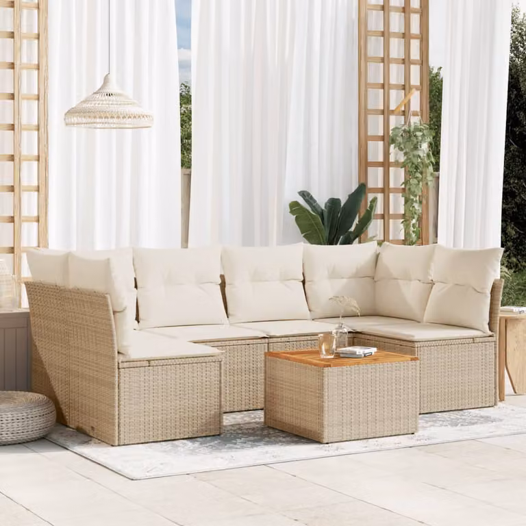 Set di divani da giardino vidaXL in polyrattan beige con cuscini e tavolino da esterno a forma di L