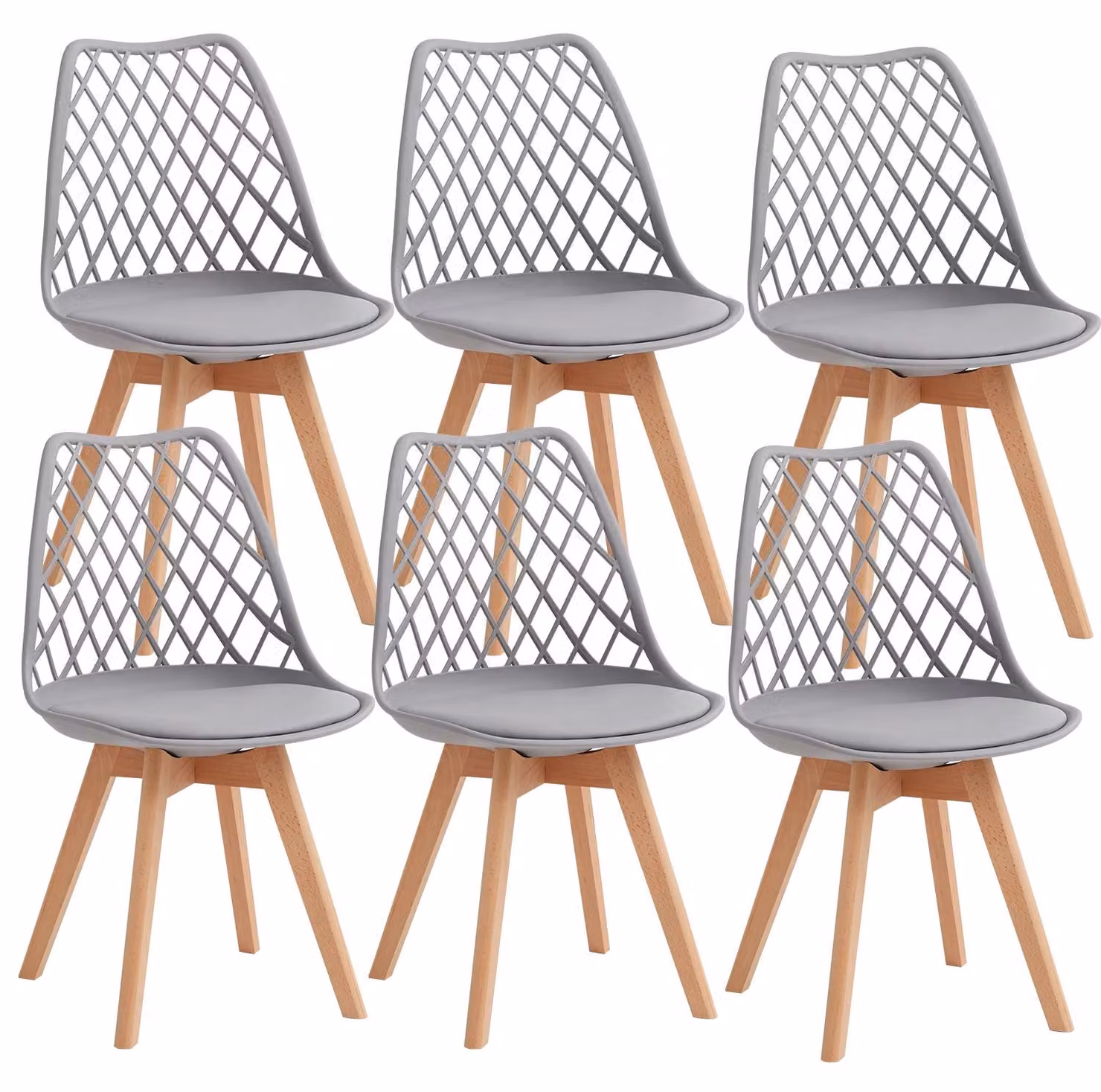 Set di 6 sedie da pranzo - Stile moderno - Seduta in plastica - Gambe in legno - Senza braccioli - Non imbottite - Grigie