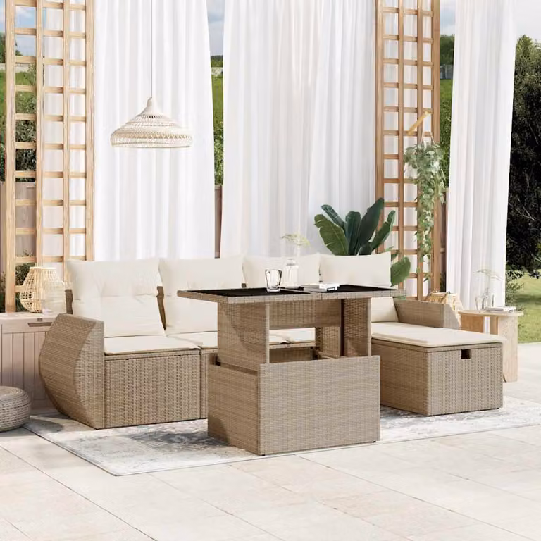 Set Divano da Giardino vidaXL 6 pz in Polyrattan Beige con Cuscini e Tavolino