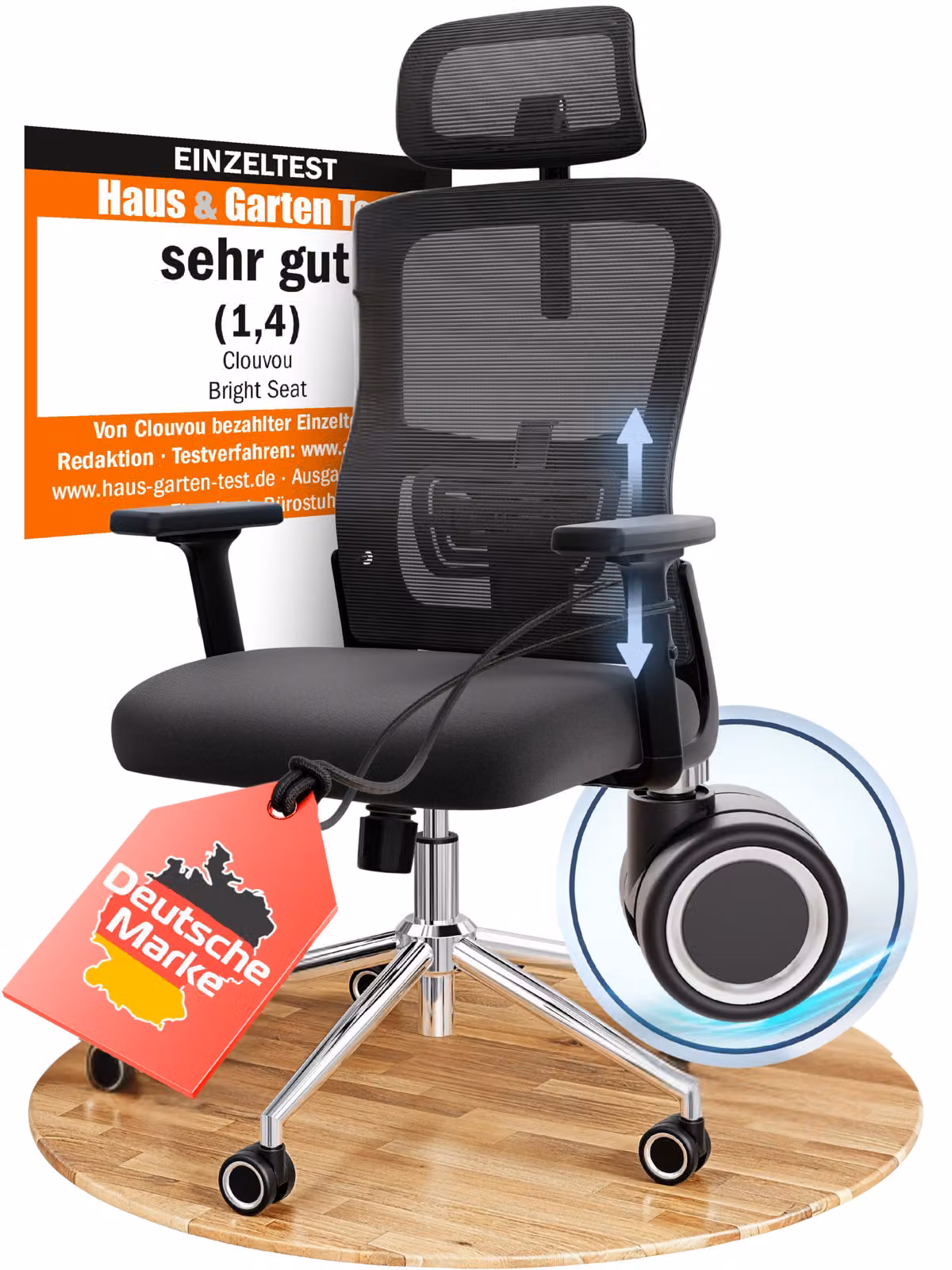 CLOUVOU BrightSeat Sedia da ufficio ergonomica Sedia da scrivania regolabile in altezza, braccioli 2D, poggiatesta 2D, carico massimo 150 kg [N. 1 nella categoria piccola e leggera]