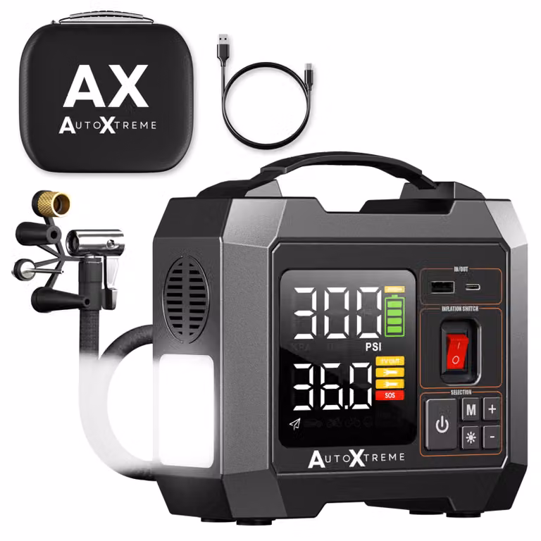 Compressore d'aria portatile wireless - Pressione massima di esercizio: 10,3 bar - Batteria: 16.000 mAh - Compatto - Adatto per auto, moto e biciclette