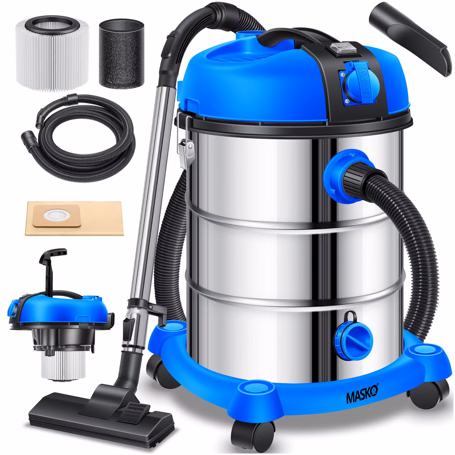 Aspirapolvere industriale MASKO®, aspiraliquidi/asciutti, filtro HEPA, 2300W, 30L, sistema di filtraggio 3in1, con e senza sacco