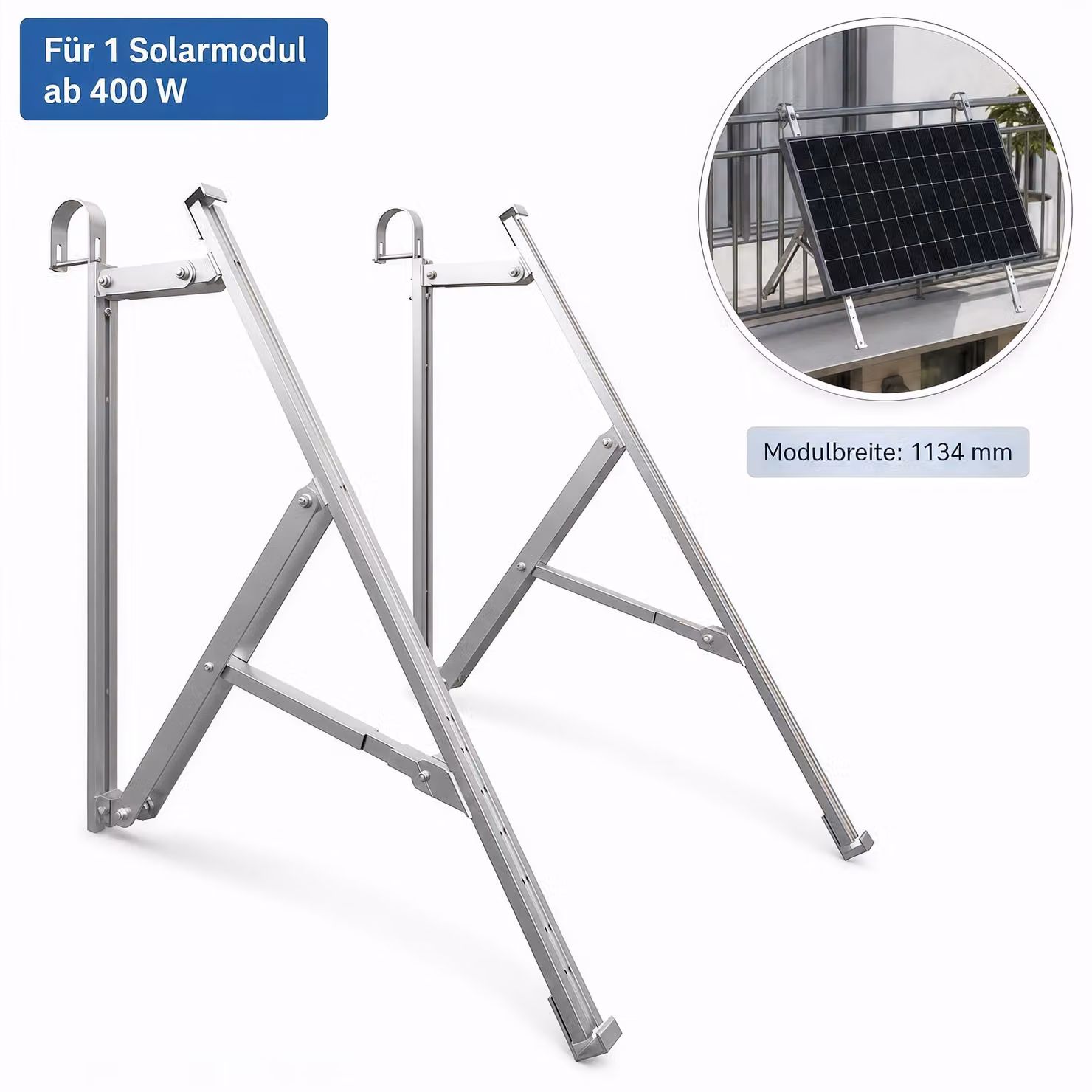 Supporto per impianti fotovoltaici da balcone ad alta capacità, per 1 modulo solare da 400–600 W, fino a 1134 mm, regolabile da 10° a 40°, in alluminio, adatto per balconi, tetti piani e pareti