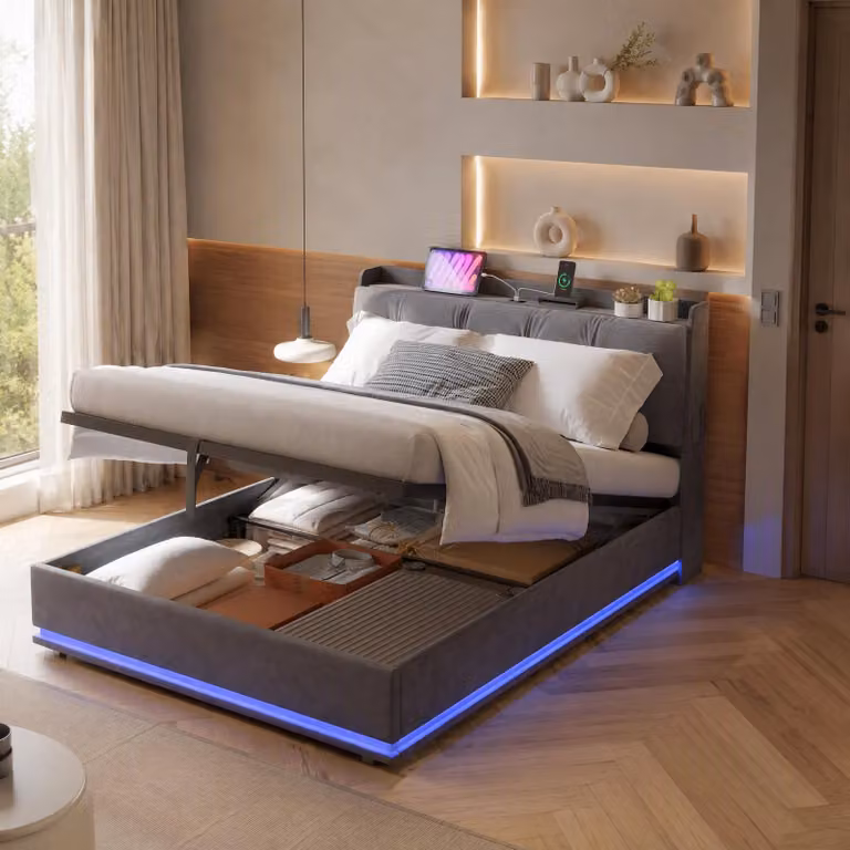 Letto imbottito INONEFT 140x190 con LED e USB, letto a molle con contenitore a sollevamento idraulico, letto per ragazzi con rete a doghe, letti singoli, tessuto velluto, colore grigio