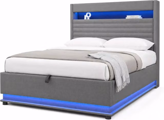 Letto imbottito 140x200 cm con contenitore idraulico, LED, ricarica USB e USB-C, testiera con appoggio, grigio, senza materasso