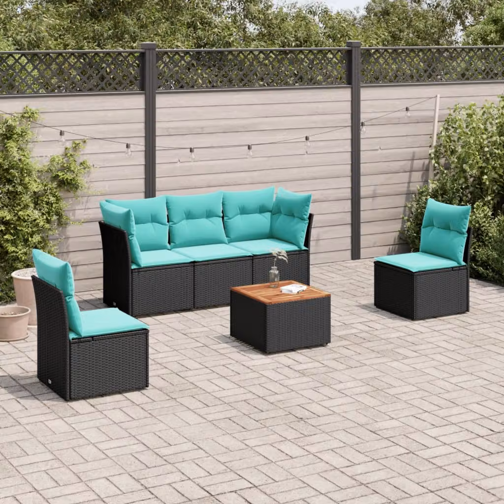 Set di divani da giardino vidaXL in polyrattan nero con cuscini blu e tavolino da esterno moderno per 6 persone