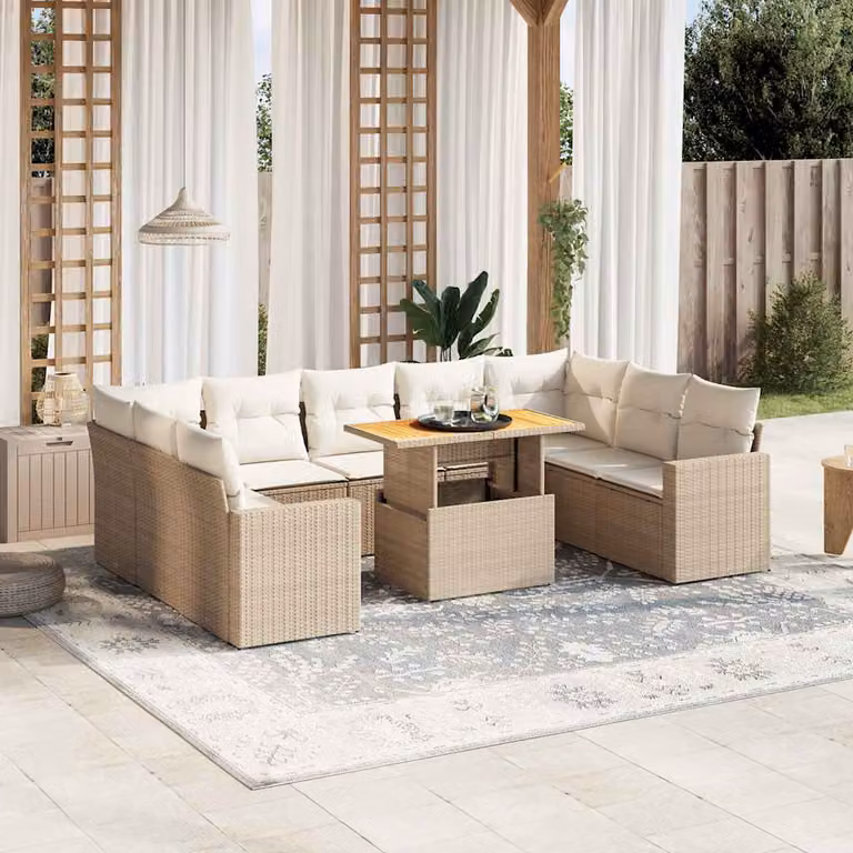 vidaXL Set Divano da Giardino a L 10 pz in Polyrattan con Cuscini Beige e Tavolino da Esterno
