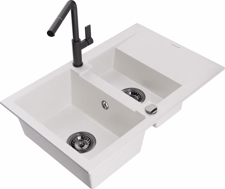 Mexen Gaspar lavello in granito 1,5 vasche con sgocciolatoio e rubinetto da cucina Flora, bianco - 6507-20-670401-70-B