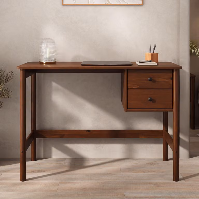 Scrivania MARLO in legno massello, color castagno – Scrivania in legno con 2 cassetti, tavolo per l'ufficio in casa con spazio contenitivo, design minimalista