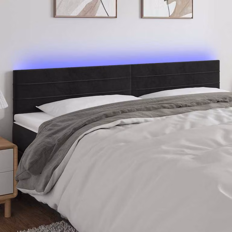 Testiera per letto vidaXL in velluto nero con illuminazione LED e porta di ricarica USB, L: 200 cm, P: 5 cm, H: 78-88 cm