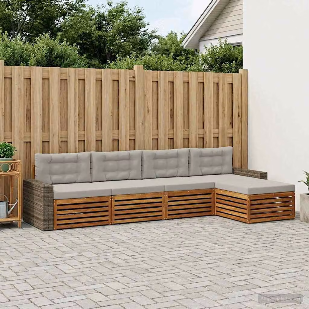 Set di divani da esterno vidaXL a forma di L in legno di acacia con cuscini e pouf, beige e grigio