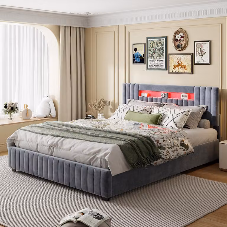 letto 160 x 200 cm con contenitore - letto matrimoniale con testata a LED e contenitore, rivestito in tessuto vellutato grigio