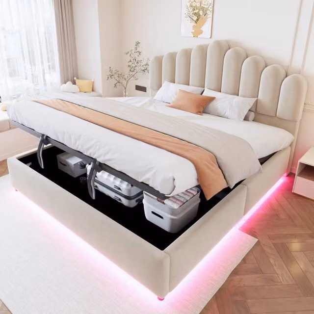 Letto Matrimoniale Contenitore 180x200 cm in Velluto Beige con LED e Testiera Imbottita