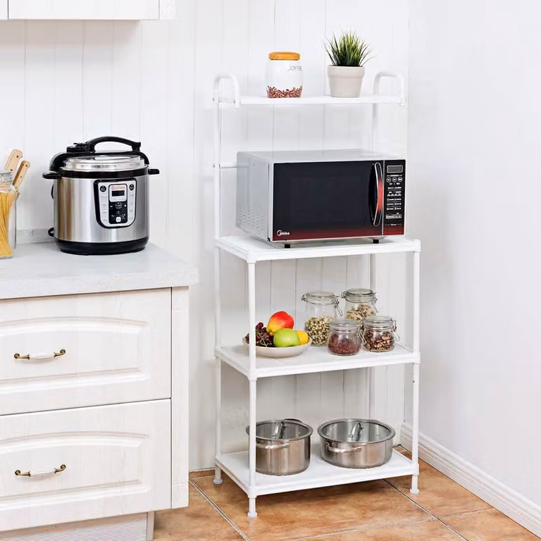 Scaffale da cucina in metallo con 4 ripiani, scaffale per microonde con piedini regolabili, adatto per cucina, soggiorno, balcone, 60 x 34,5 x 136 cm (bianco)