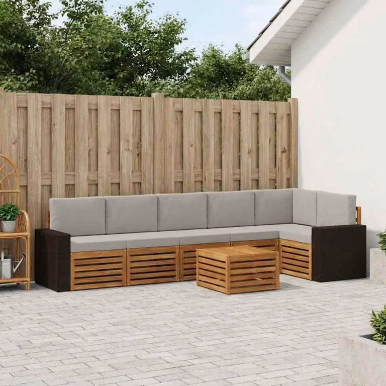vidaXL Set di divani da esterno a L in legno di acacia con tavolo da caffè, 7 pezzi, Grigio e Naturale