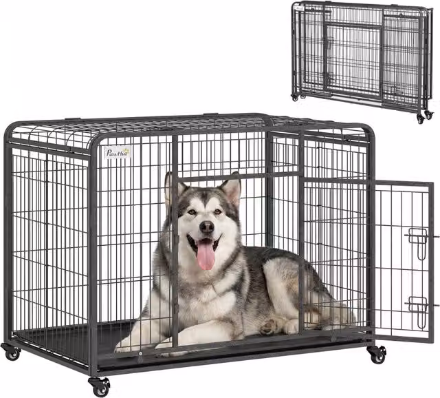 Kennel Gabbia per Cani Pieghevole a Doppia Porta con Blocco e 4 Ruote con Freno, Box per Cani con Fondo Rimovibile, L: 125 cm, P: 76 cm, H: 81 cm, Grigio Scuro