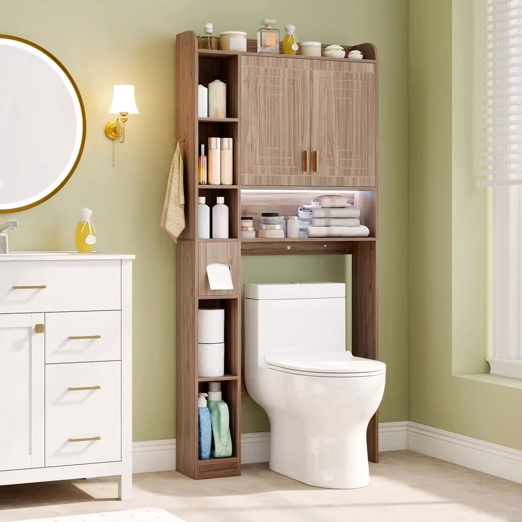 Mobiletto da appoggio per bagno Design Mania con armadietto a 2 ante e 6 scomparti aperti, colore grigio e marrone – 2