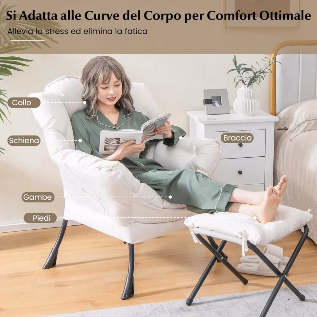 Costway Poltrona da lettura moderna con poggiapiedi e braccioli, poltrona lounge in tessuto beige per soggiorno, camera da letto o ufficio – 2